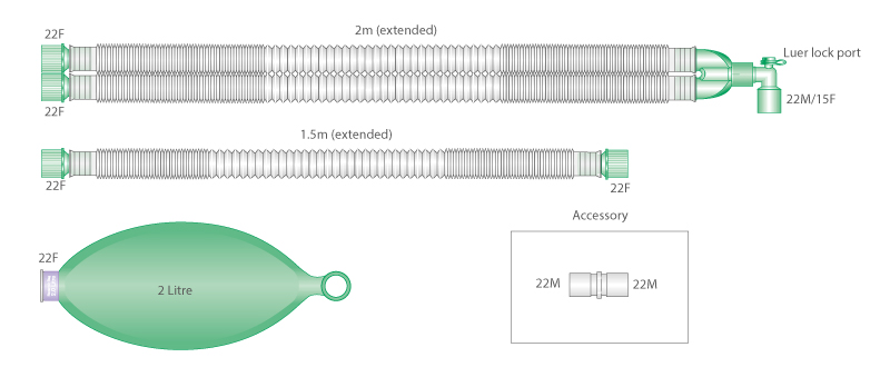 Раздвижной дыхательный контур Compact, 22мм  с резервуарным мешком 2л и дополнительным шлангом 1,5м, длина 2,0м - стерильный