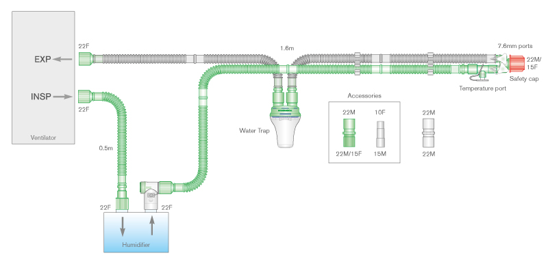 Дыхательный контур с проводом нагрева Flextube 15мм с влагосборником и дополнительным шлангом 0.5м, длина 1,6м