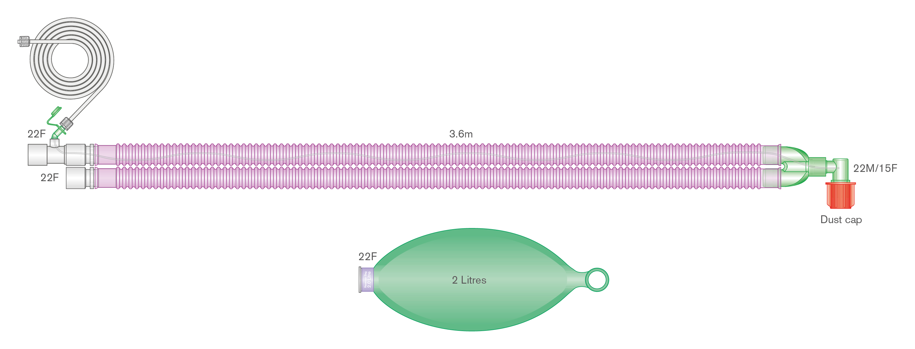 Антимикробный дыхательный контур Flextube™ Silver Knight™ 22 мм с резервным мешком 2 л. и встроенной линией мониторинга, ≥ 3.6 м