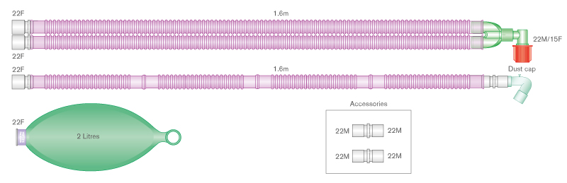 Антимикробный дыхательный контур Flextube Silver Knight™ 22мм для прим. с  Aisys™, Avance™ и Aespire™ Carestation с угл. соединителем, резервуарным мешком 2л и доп. шлангом 1,6м, длина 1.6м