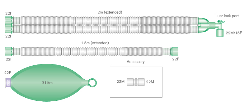 Раздвижной дыхательный контур Compact, 22мм  с резервуарным мешком 3л и дополнительным шлангом 1,5м, длина 2,0м
