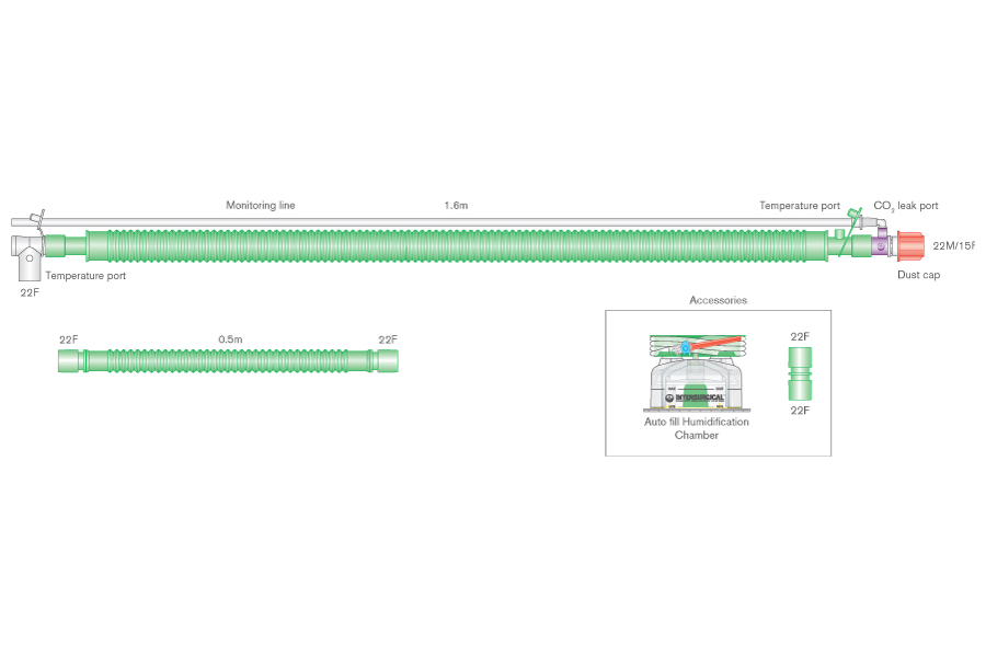 Дыхательный контур для взрослых Flextube 30мм bilevel с проводом нагрева с шарнирным соединителем с пациентом, портом утечки CO2, линией мониторинга, самозаполняющейся камерой увлажнителя и дополнительным шлангом 0.5м, длина ≥ 1.6м