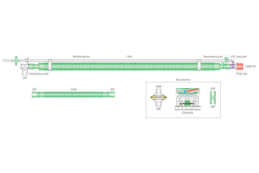Дыхательный контур для взрослых Flextube 30мм bilevel с проводом нагрева с шарнирным соединителем с пациентом, портом утечки CO2, линиями мониторинга, самозаполняющейся камерой увлажнителя, фильтрами и дополнительным шлангом 0.5м, длина 1.6м