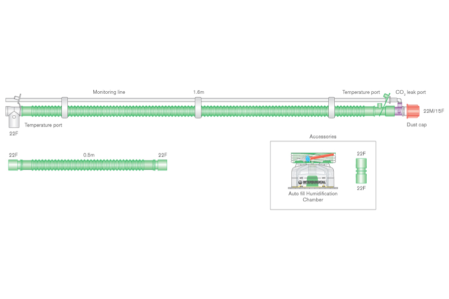Дыхательный контур для детей Flextube 22мм bilevel с проводом нагрева с шарнирным соединителем с пациентом, портом утечки CO2, линией мониторинга, самозаполняющейся камерой увлажнителя и дополнительным шлангом 0.5м, длина 1.6м