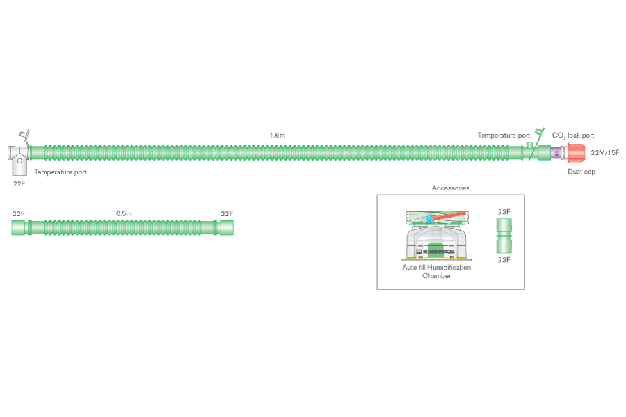 Дыхательный контур для детей bilevel с проводом нагрева  Flextube 22 мм с шарнирным соединением с пациентом, портом утечки CO2, самозаполняющейся камерой увлажнителя и дополнительным шлангом 0,5м, длина 1,6 м