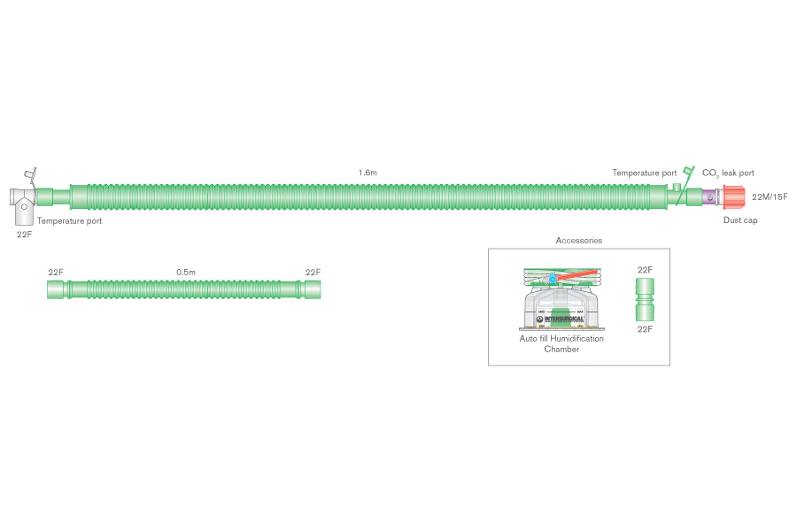 Дыхательный контур для взрослых bilevel с проводом нагрева  Flextube 30 мм с шарнирным соединением с пациентом, портом утечки CO2, самозаполняющейся камерой увлажнителя и дополнительным шлангом 0,5м, длина 1,6 м