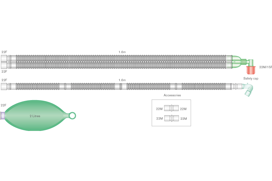 Дыхательный контур Flextube 22мм с угловым соединителем, резервуарным мешком 2 л, шлангом для мешка, длина 1,6м
