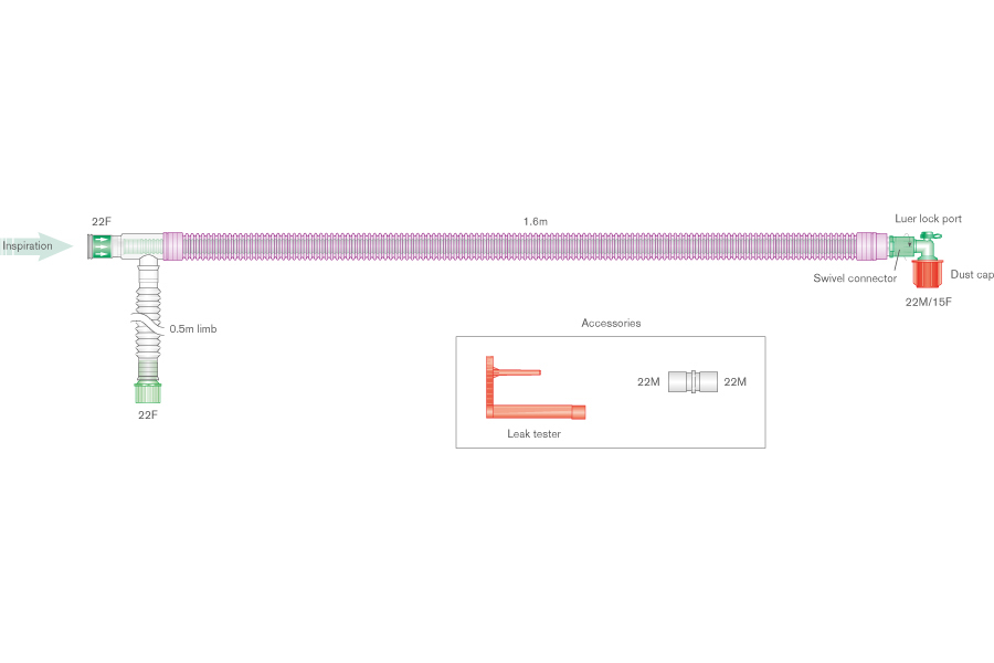 Коаксиальный дыхательный контур UniFlow Silver Knight с антибактериальным покрытием 30 мм с угловым коннектором, порт Люэр, 1,6 м