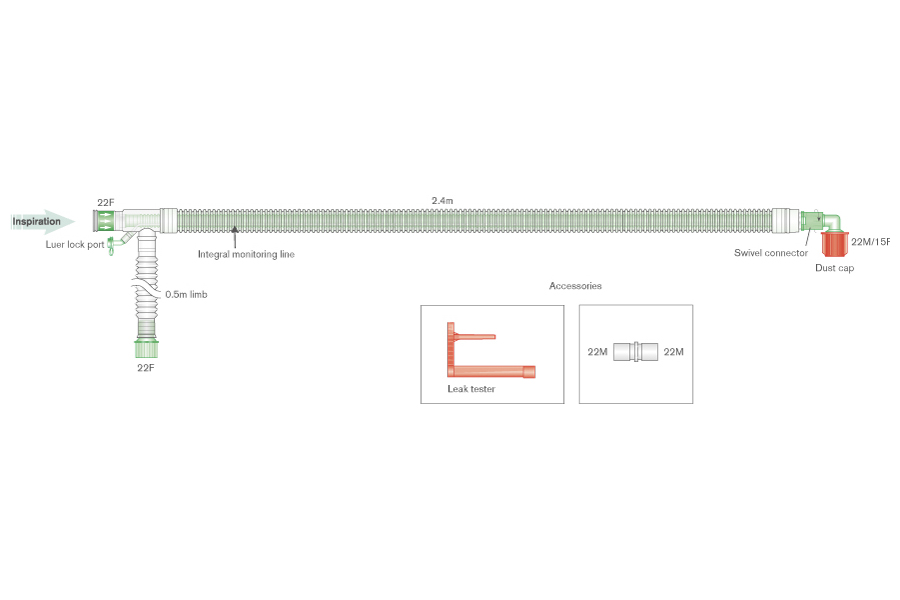 Коаксиальный дыхательный контур UniFlow 30мм с встроенной линией мониторинга и дополнительным шлангом 0.5м, 2,4м