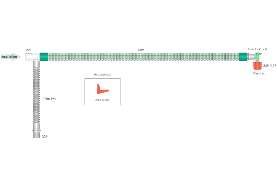 Дыхательный контур анестезиологический DuoFlow 22мм, для взрослых с угловым коннектором, с портом луер  ≥ 1.8м