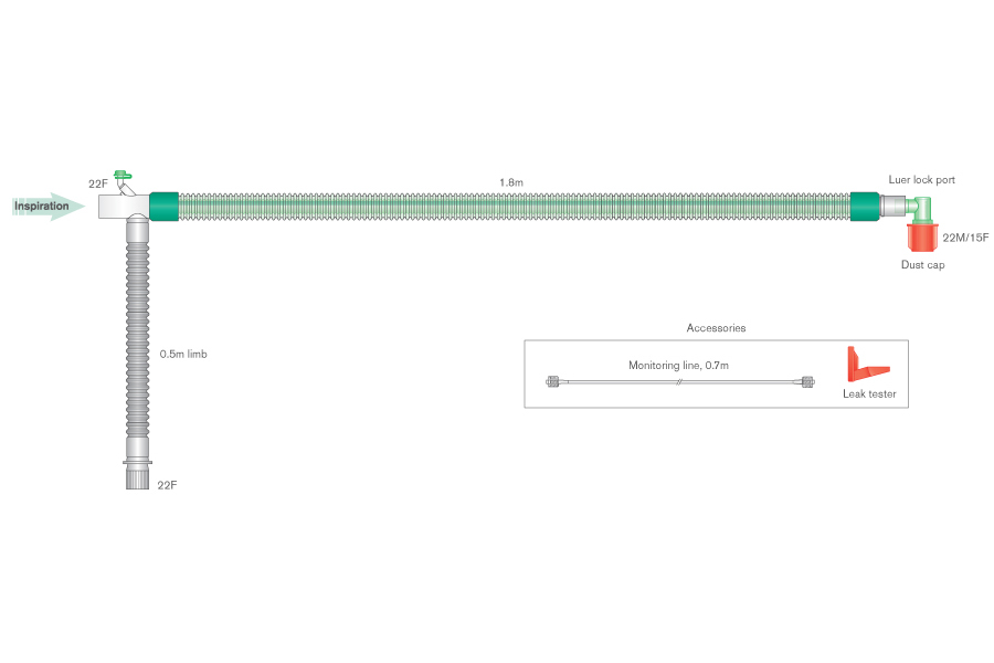 Дыхательный контур анестезиологический DuoFlow 22мм, для взрослых, с интегрированной линией мониторинга, с угловым коннектором, с портом луер, ≥ 1.8м