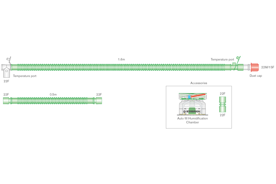 Дыхательный контур для детей bilevel с проводом нагрева  Flextube 22 мм с шарнирным соединением с пациентом, самозаполняющейся камерой увлажнителя и дополнительным шлангом 0,5м, длина 1,6 м