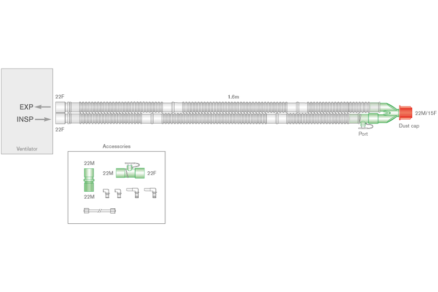 Дыхательный контур Flextube 22мм, длина 1.6м с адаптером для доставки закиси азота