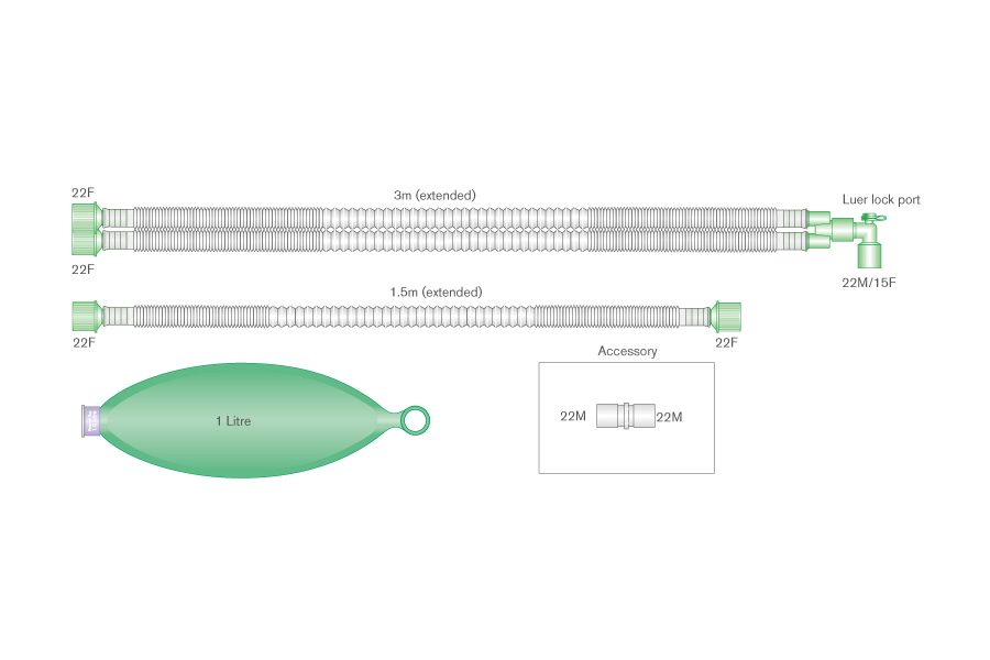 Раздвижной дыхательный контур Compact, 15мм для детей с угловым соединителем с портом luer, резервуарным мешком 1л и дополнительным шлангом1,5м, длина 3,0м
