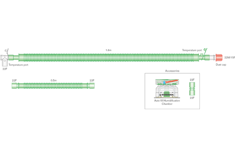 Дыхательный контур для взрослых bilevel с проводом нагрева  Flextube 30 мм с шарнирным соединением с пациентом, самозаполняющейся камерой увлажнителя и дополнительным шлангом 0,5м, длина 1,6 м