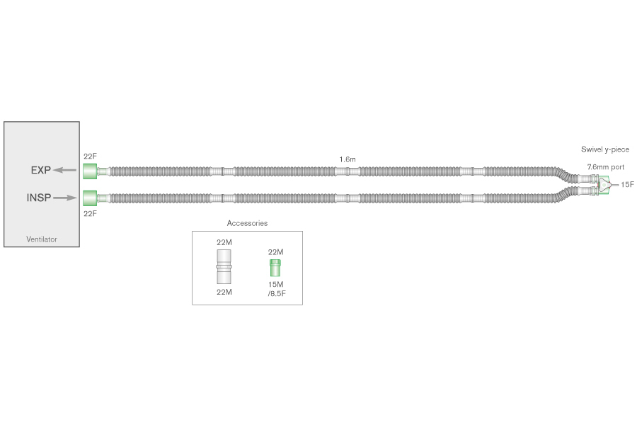 Транспортный дыхательный контур Flextube 10мм, с шарнирным У-образным соединителем,  с соединителем 22F с аппаратом ИВЛ babyPAC®, длина 1,6м