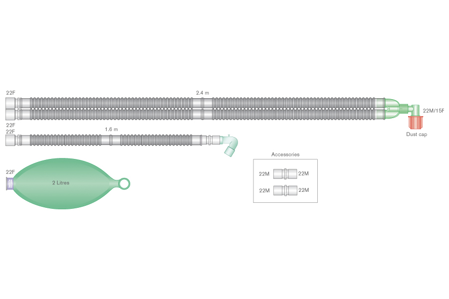 Дыхательный контур Flextube ™ 22 мм с угловым соединителем, резервуарным мешком 2 л и дополнительным шлангом, длина 2,4м