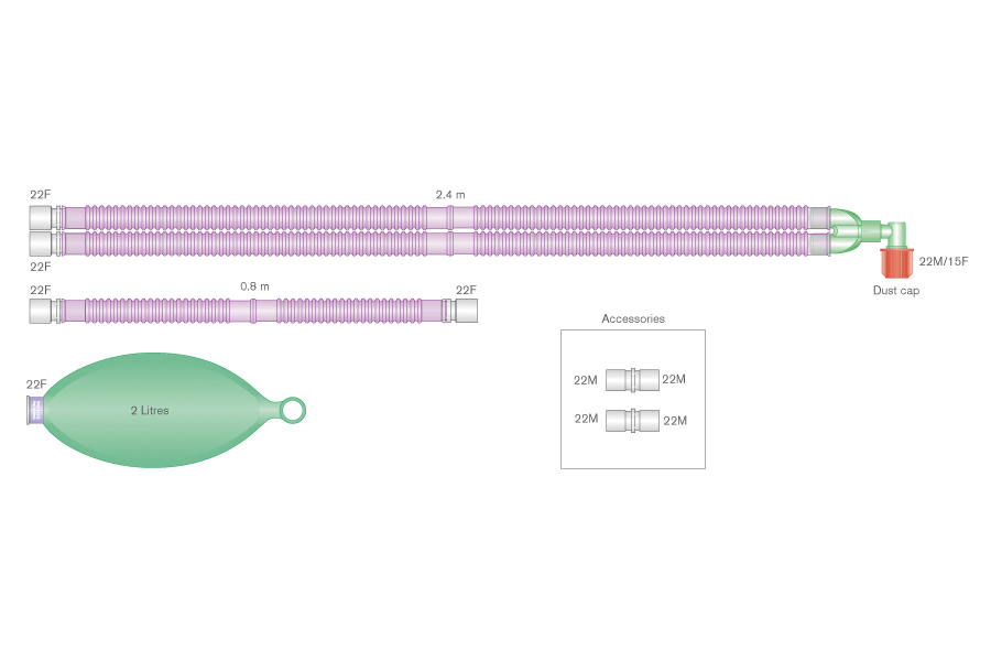 Антимикробный дыхательный контур Flextube Silver Knight™ 22мм с резервуарным мешком 2л и дополнительным шлангом 0,8м, длина 2,4м