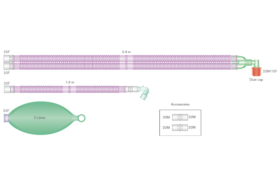 Антимикробный дыхательный контур Flextube Silver Knight™ 22мм для применения с Aisys™, Avance™ и Aespire™ Carestation с угловым соединителем, резервуарным мешком 2л и доп. шлангом 1,6м, длина 2,4м