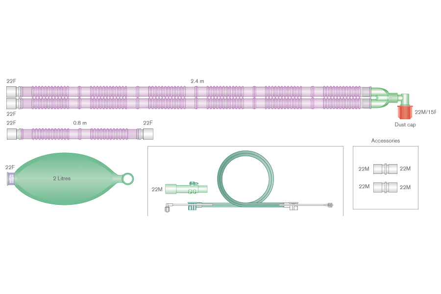 Антимикробный дыхательный контур Flextube Silver Knight™ 22мм для прим. с  Aisys™, Avance™ и Aespire™ Carestation с угл. соед., резервуарным мешком 2л и доп. шлнг. 0,8м и наб. для спирометрии, 2,4м