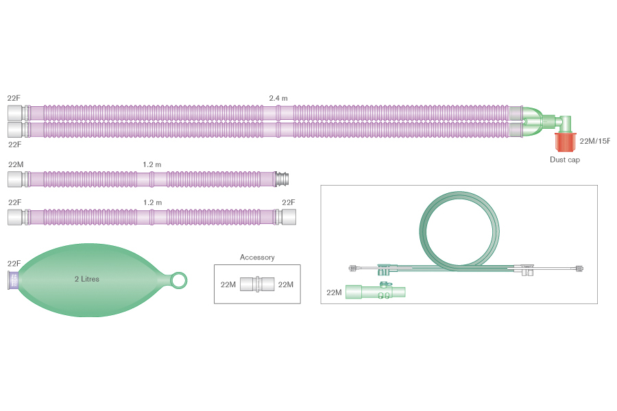 Антимикробный дыхательный контур Flextube Silver Knight™ 22мм для прим. с наркозно-дыхательными апп. ADU  с угл. соедин., рез. мешком 2л и двумя доп. шлнг. по 1,2м и наб. для спирометрии, длина 2,4м