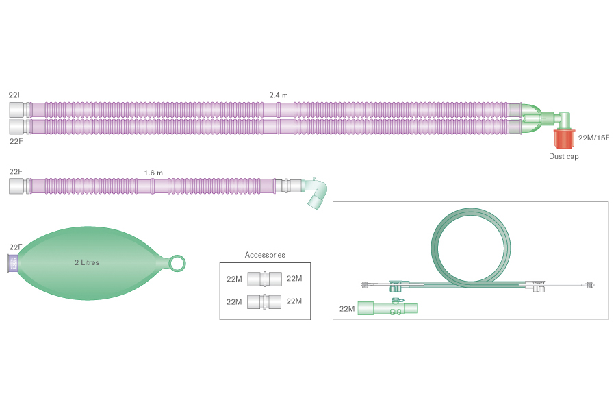 Антимикробный дыхательный контур Flextube Silver Knight™ 22мм для прим. с  Aisys™, Avance™ и Aespire™ Carestation с угл. соедин., рез. мешком 2л и доп. шлнг. 1,6м и наб. для спирометрии, длина 2,4м
