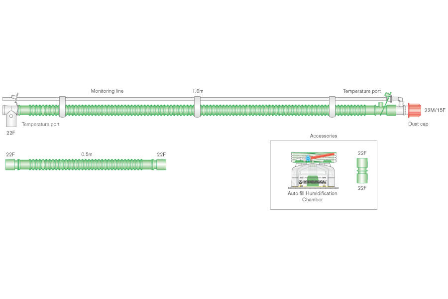 Дыхательный контур для детей bilevel с проводом нагрева  Flextube 22 мм с шарнирным соединением с пациентом,  линией мониторинга, самозаполняющейся камерой увлажнителя и дополнительным шлангом 0,5м, длина 1,6 м 