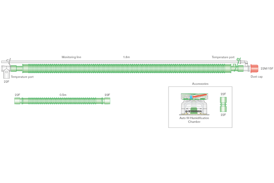Дыхательный контур для взрослых bilevel с проводом нагрева  Flextube 30 мм с шарнирным соединением с пациентом, линией мониторинга, самозаполняющейся камерой увлажнителя и дополнительным шлангом 0,5м, длина 1,6 м 