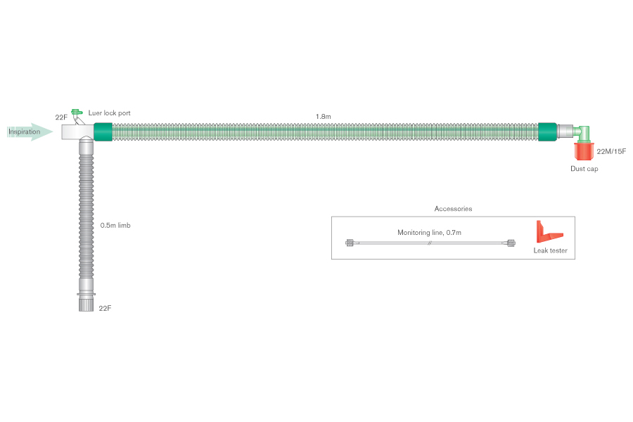 Дыхательный контур анестезиологический DuoFlow 22мм, для взрослых, с интегрированной линией мониторинга, с угловым коннектором, с портом луер, ≥ 1.8м