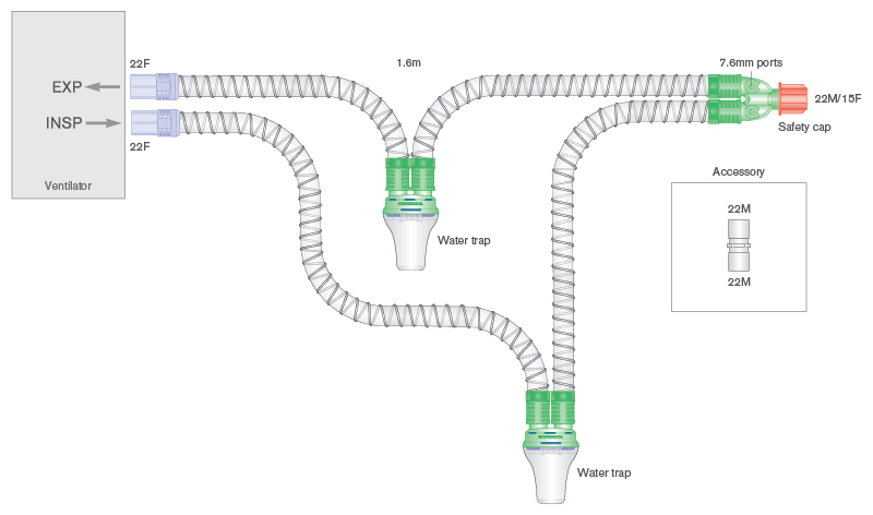 Дыхательный контур Smoothbore 22мм с влагосборниками и Y-образным коннектором, длина 1,6м