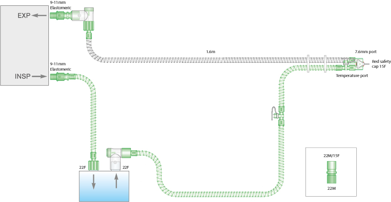 Дыхательный контур с двумя проводами нагрева Smoothbore 10мм с дополнительным шлангом 0,5м, длина 1,6м