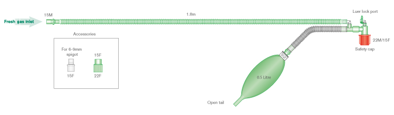 Т-образный дыхательный контур Mapleson F Джексона Риза  с открытм резервуарным мешком 0,5л, длина 1.8м