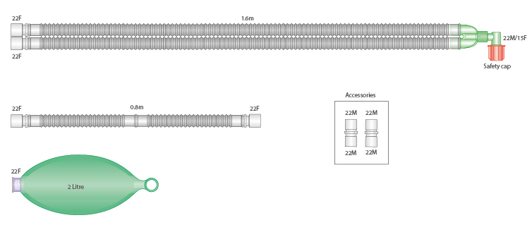 Дыхательный контур Flextube 22мм с резервуарным мешком 2 л и  дополнительным шлангом 0,8м, длина 1.6м - стерильный